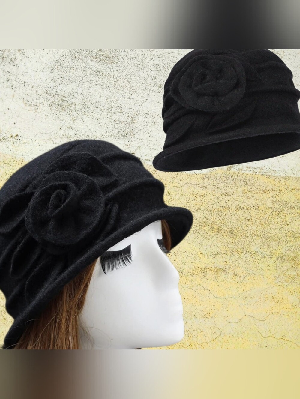 D&Y Black Felt Cloche Hat with Floral Accent